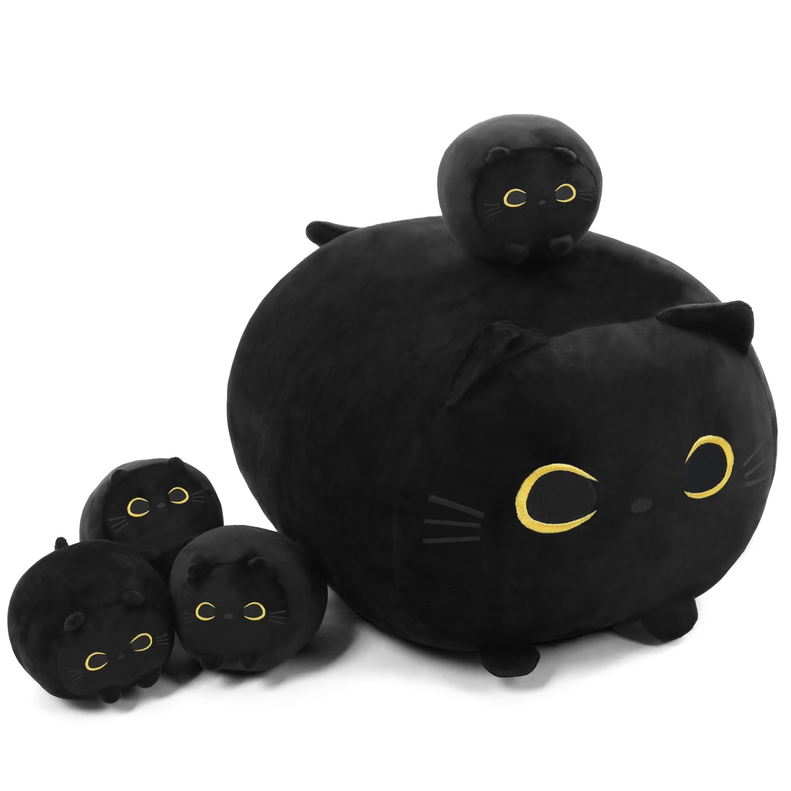 TOYSYM Black Cat Stuffed Animal Mommy Cat Plush Toys with 4 Squishy Baby Black Cat in her Tummy Soft Cute Hugging Pillows for Bo