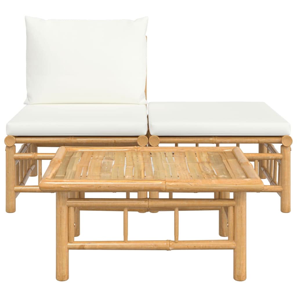vidaXL Patio Lounge Set with Cream White Cushions - 3 Piece Bamboo Outdoor Seating with Table, Middle Sofa and Footstool, Modular Design, Ideal for Garden, Balcony, Poolside