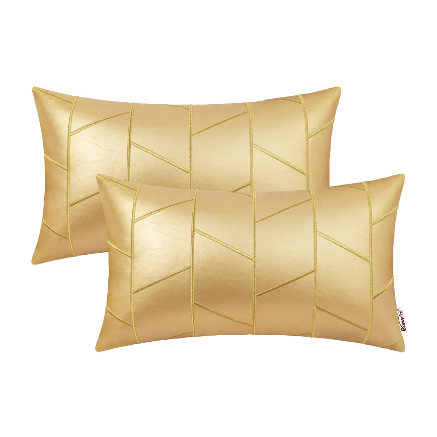 Brawarm Faux Leather Pillow Covers 12 X 20 Inches, Gold Leather Lumbar Pillow Covers Pack Of 2, Geometric Embroidery Leather Dec