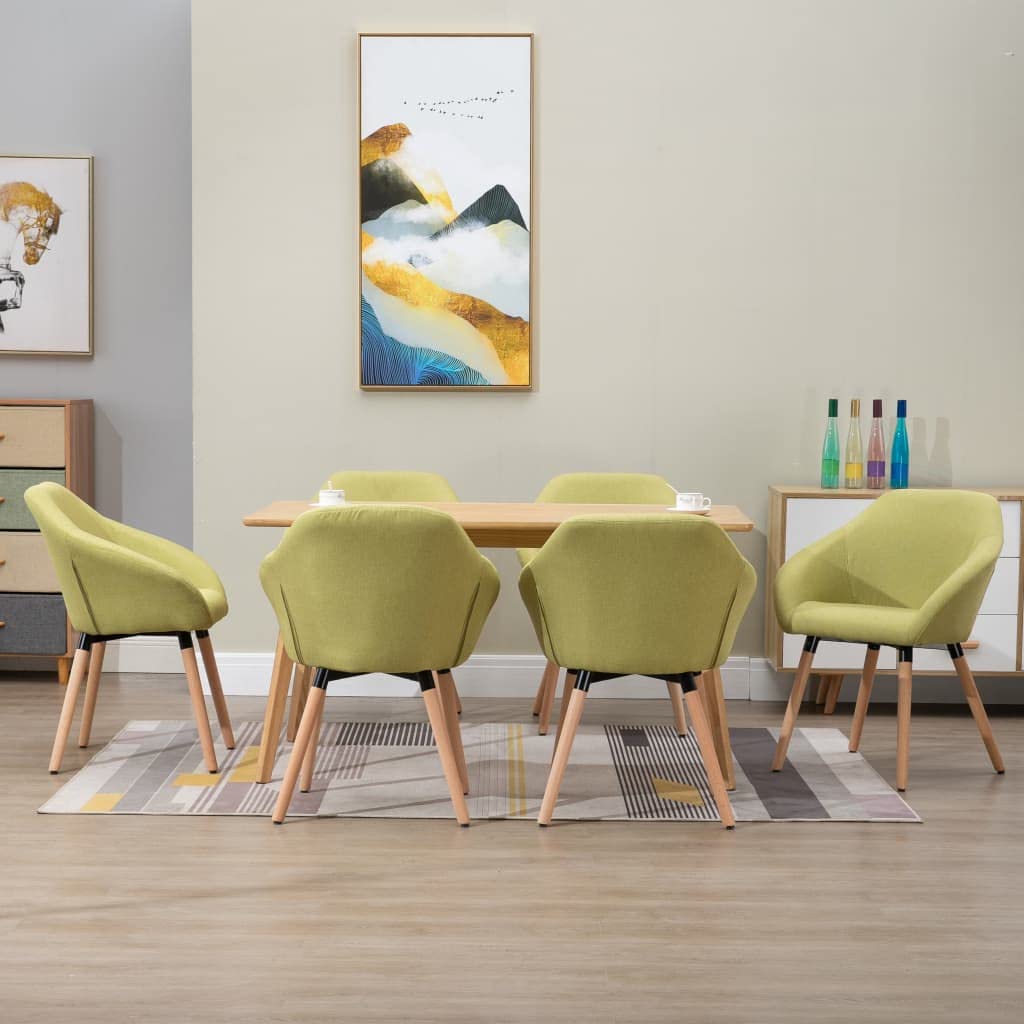 vidaXL Set of 6 Dining Chairs in Green - Modern Scandinavian Style with Fabric Upholstery, Padded Seat, Armrests, and Solid Wood Legs
