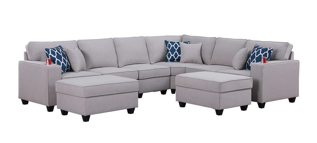 Lilola Home Cooper Light Gray Linen 8Pc Reversible L-Shape Sectional Sofa with Ottomans and Cupholder