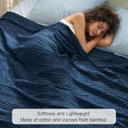 Phf Cooling Waffle Blanket Queen Size, Lightweight 60% Rayon Derived From Bamboo & 40% Cotton Breathable Blanket For Hot Sleepers, Soft And Luxury For Bed Couch And Sofa, 90'X90', Navy Blue