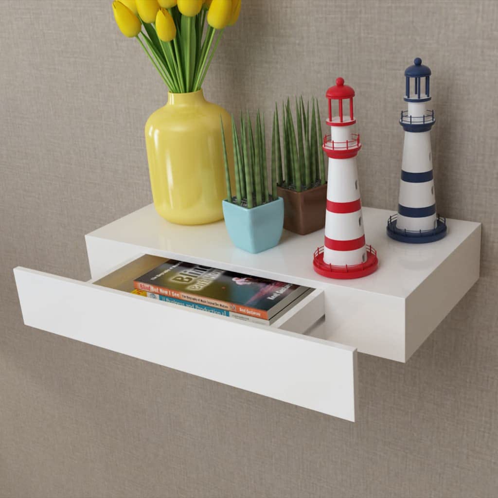 vidaXL White Floating Wall Display Shelf with Drawer - Scandinavian Modern Style, MDF Material, Ideal for Book/DVD Storage & Display