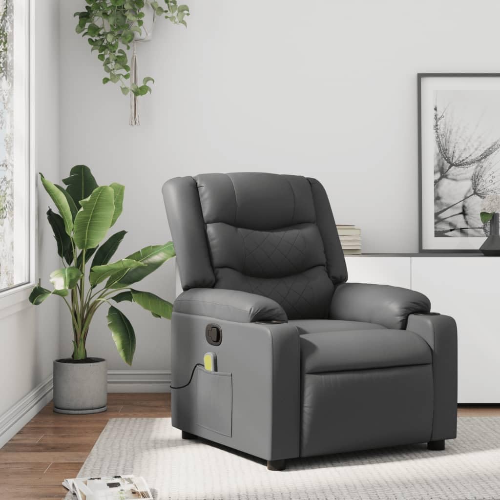 vidaXL Gray Faux Leather Massage Recliner Chair - Manual Adjustability, Vibration Massage, Cup Holders, USB Powered for Living Room, Grey, 374126