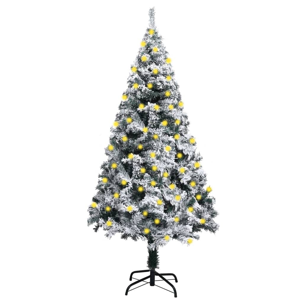 vidaXL Pre-lit Artificial Christmas Tree with Flocked Snow - 70.9" PVC Xmas Tree with Metal Stand and 150 LED Lights, USB Powered, Green