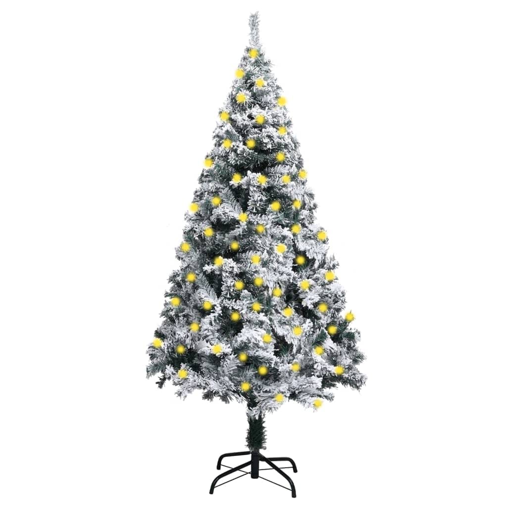 vidaXL Pre-lit Artificial Christmas Tree with Flocked Snow - 70.9&quot; PVC Xmas Tree with Metal Stand and 150 LED Lights, USB Powered, Green