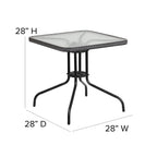 Flash Furniture Lila 28'' Square Glass Metal Table with Gray Rattan Edging and 2 Gray Rattan Stack Chairs