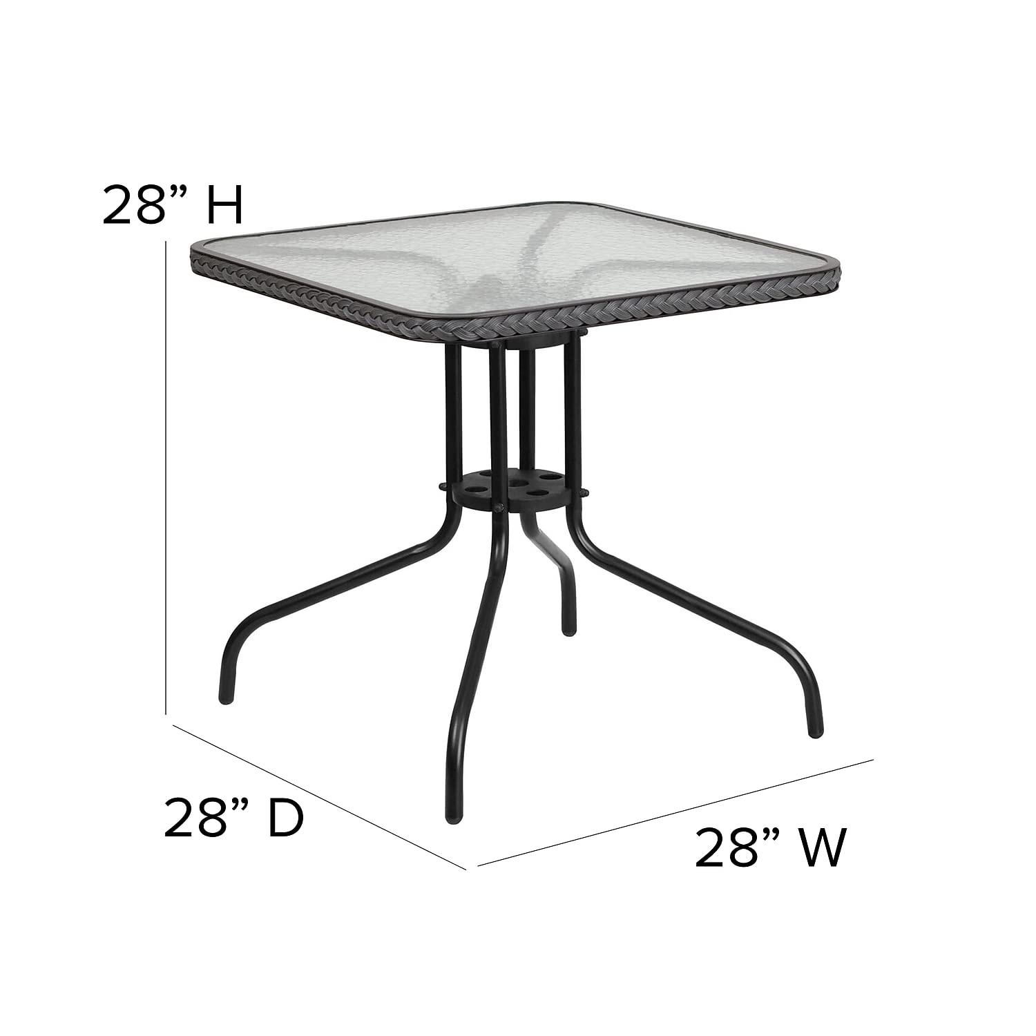 Flash Furniture Lila 28'' Square Glass Metal Table with Gray Rattan Edging and 2 Gray Rattan Stack Chairs