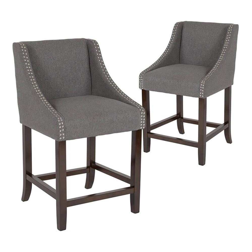 Flash Furniture Carmel Series 24&quot; High Transitional Walnut Counter Height Stool With Nail Trim In Dark Gray Fabric, Set Of 2
