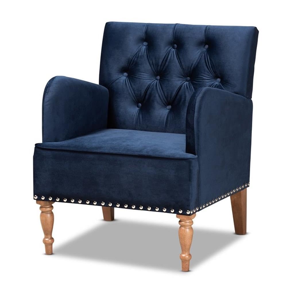 Baxton Studio Eri Blue Velvet Upholstered and Brown Finished Wood Armchair