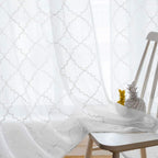 Embroidered Moroccan Tile Lattice Design Sheer Curtains White 45 Inch Length, Rod Pocket Voile Drapes For Living Room, Bedroom,