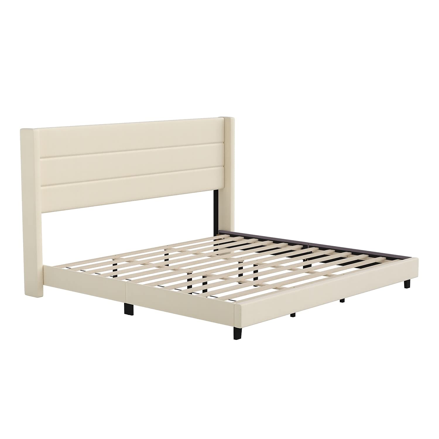 Flash Furniture Hollis Upholstered Platform Bed - Beige Faux Linen Wingback Headboard - King - Mattress Foundation with Slatted Supports - No Box Spring Needed