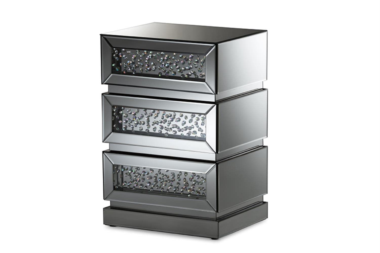 Baxton Studio Sabrina Hollywood Regency Glamour 3-Drawer Nightstand MDF/Silver Mirrored/Glam