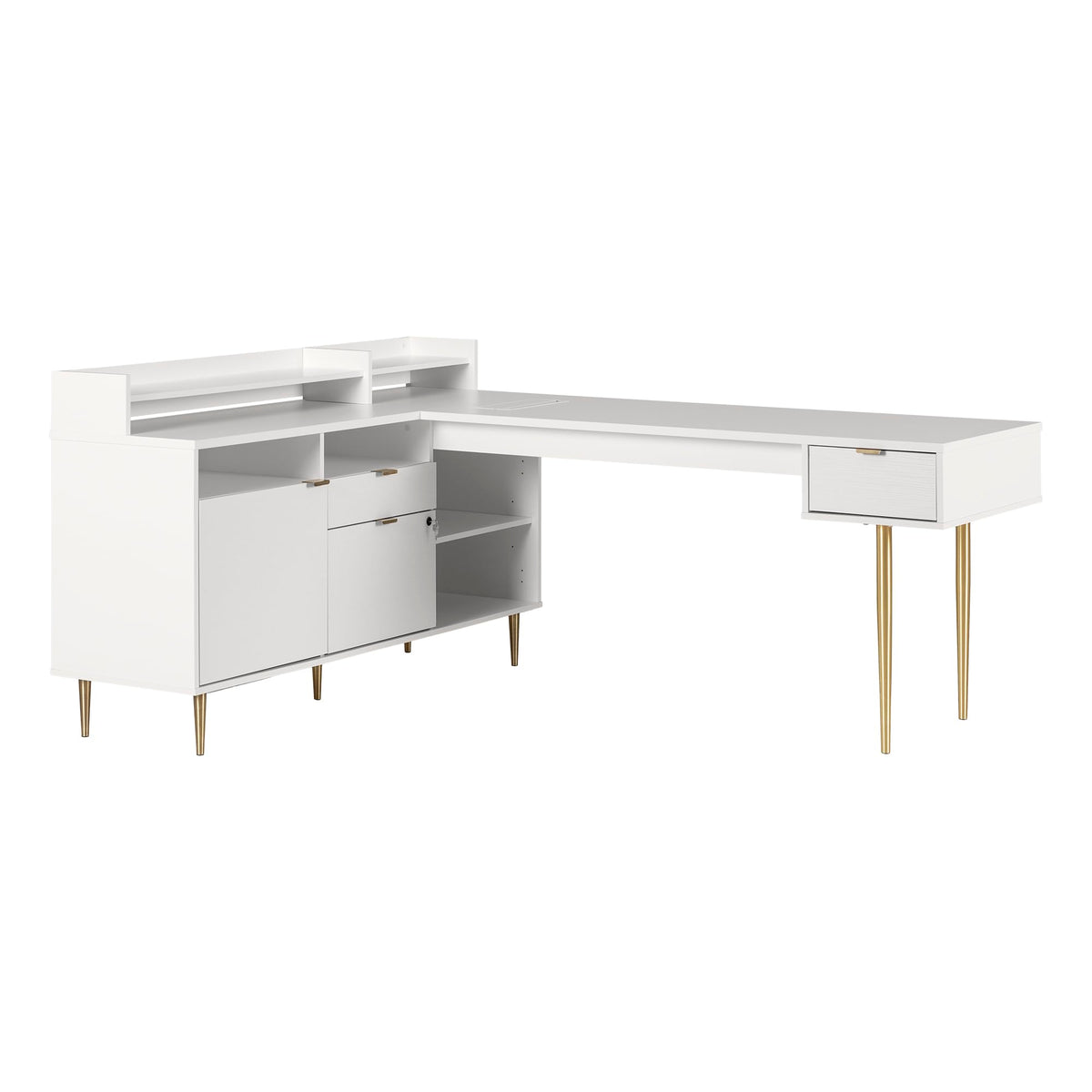 South Shore Koryn L-Shaped Power Bar And Removable Hutch, Long Desk, Pure White