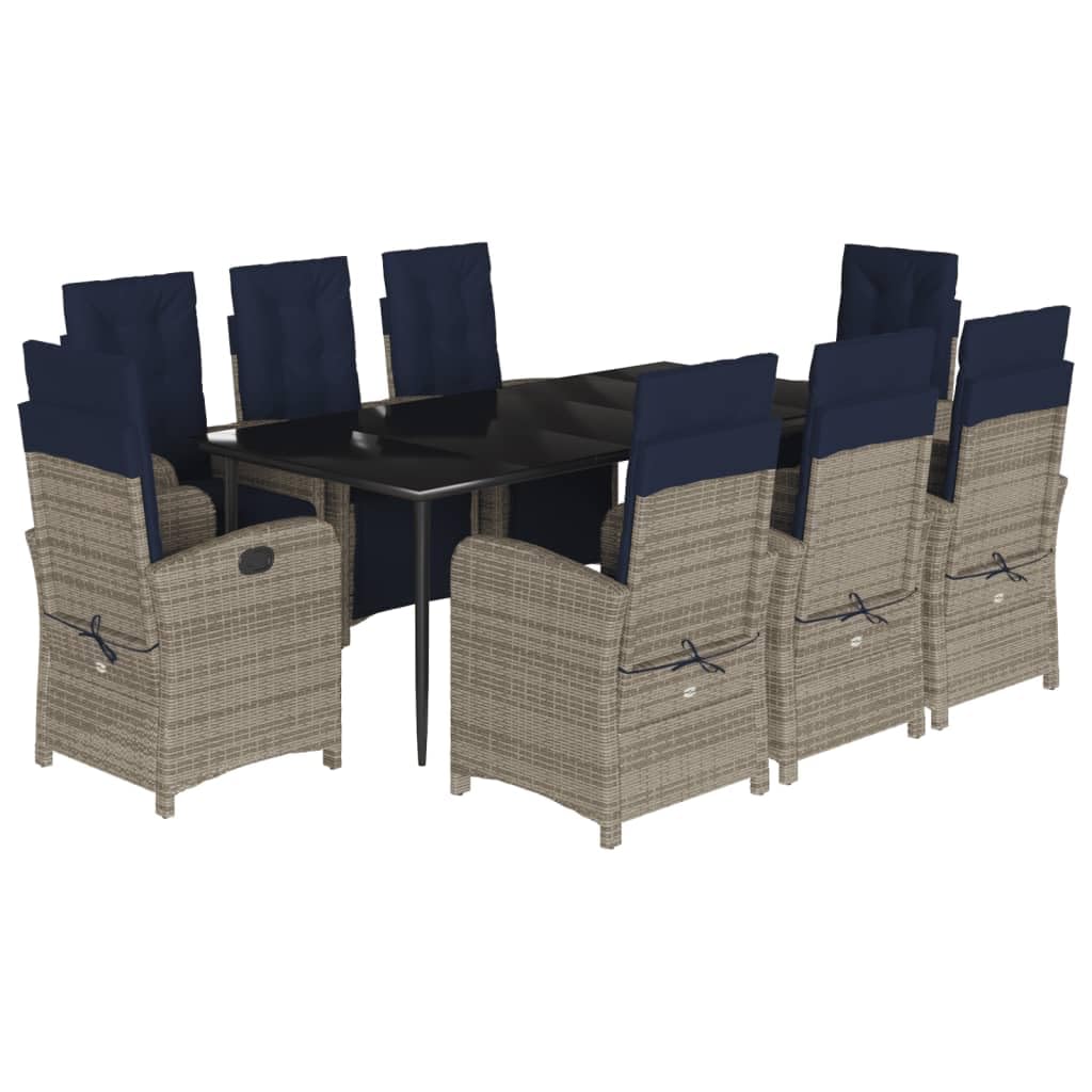 vidaXL 9-Piece Adjustable Poly Rattan Patio Dining Set - Gray with Navy Blue Cushions, Tempered Glass Table, Outdoor/Indoor