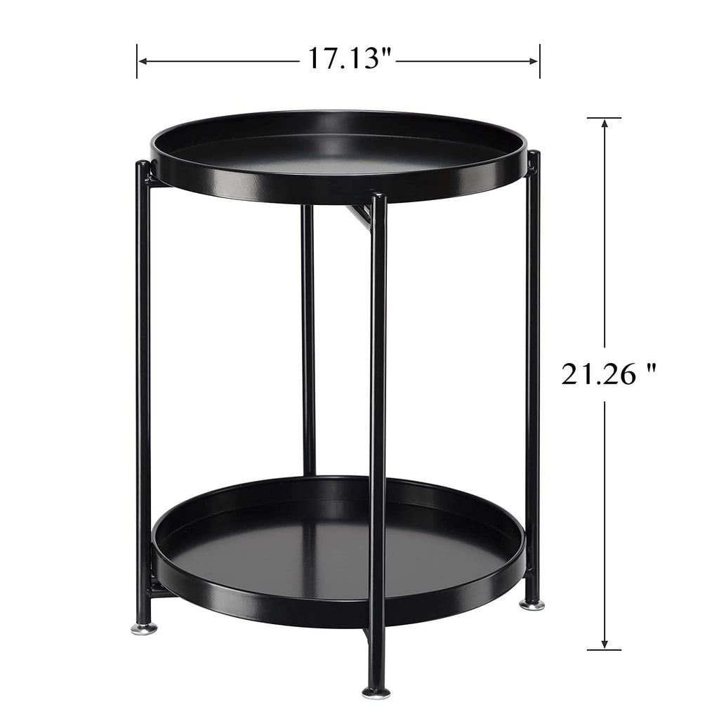 Danpinera 2-Tier Round Side Table, Metal End Table With Removable Tray, Small Outdoor Table Folding Accent Table, Anti-Rust Black Nightstand For Bedroom Balcony Patio (Black)