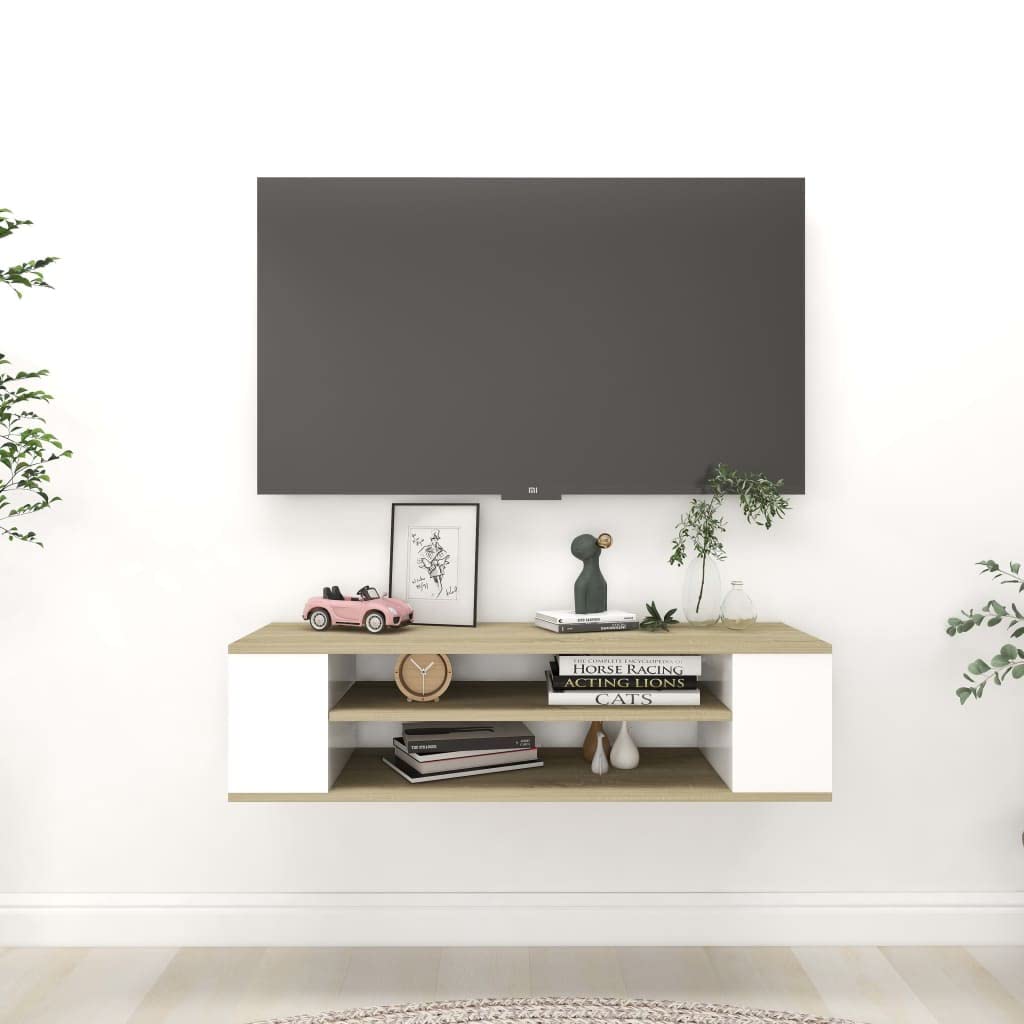 vidaXL Hanging TV Cabinet White and Sonoma Oak 39.4&quot;x12&quot;x10.4&quot; Chipboard