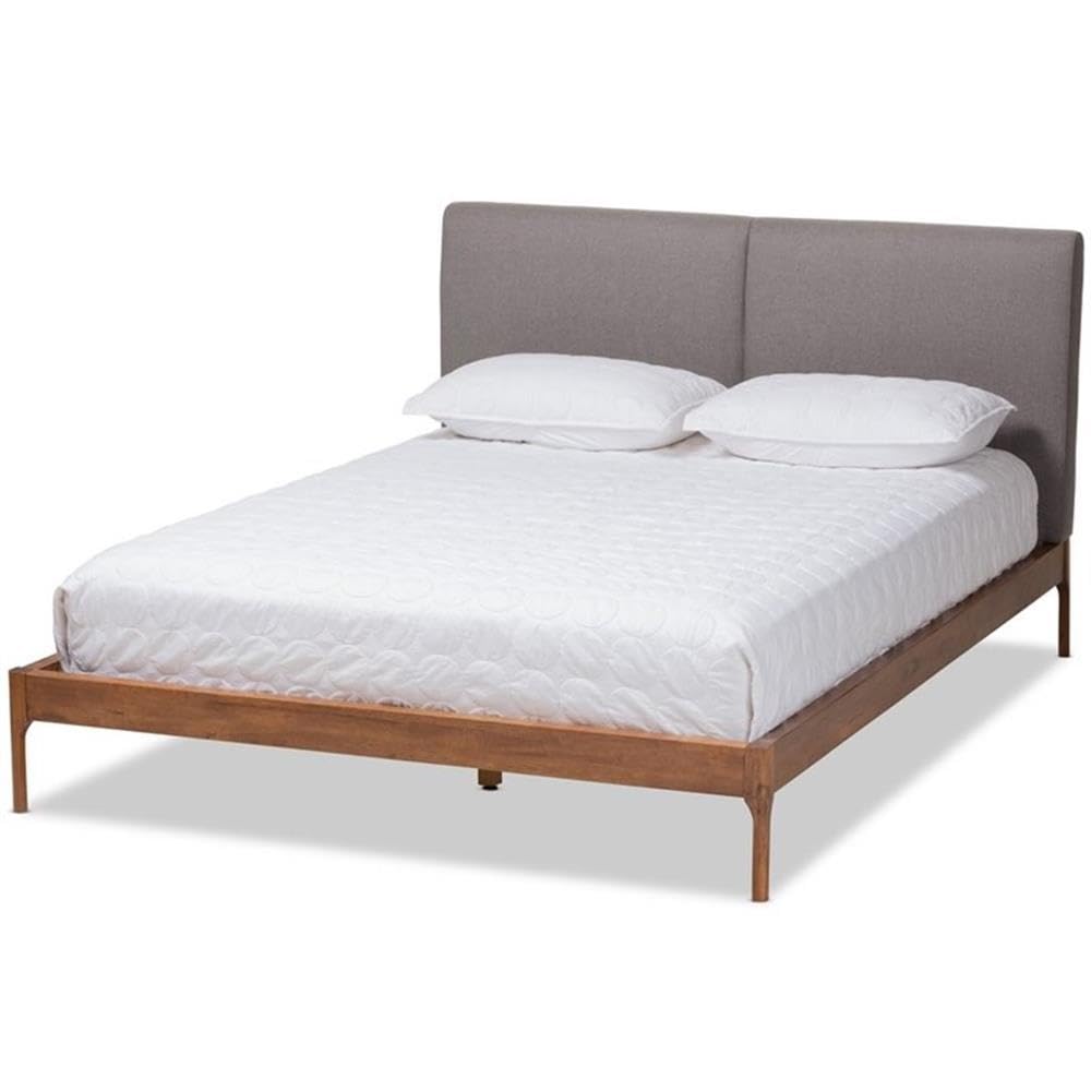 Baxton Studio Aveneil Mid-Century Modern Grey Fabric Upholstered Walnut Finished Full Size Platform Bed