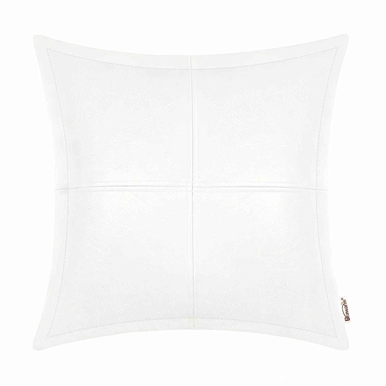 Brawarm White Leather Throw Pillow 18 X 18 Inches, Faux Leather Pillow Cover With Piping, Hand Stitched Leather Decorative Throw