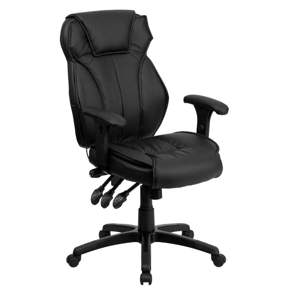 Flash Furniture Hansel High Back Black LeatherSoft Multifunction Executive Swivel Ergonomic Office Chair with Lumbar Support Knob with Arms