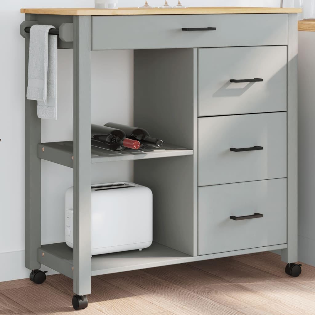 vidaXL Kitchen Trolley Rolling Cart - Solid Pine Wood with Gray-Honey Wax, 4 Drawers, 2 Shelves, Lockable Wheels, for Storage