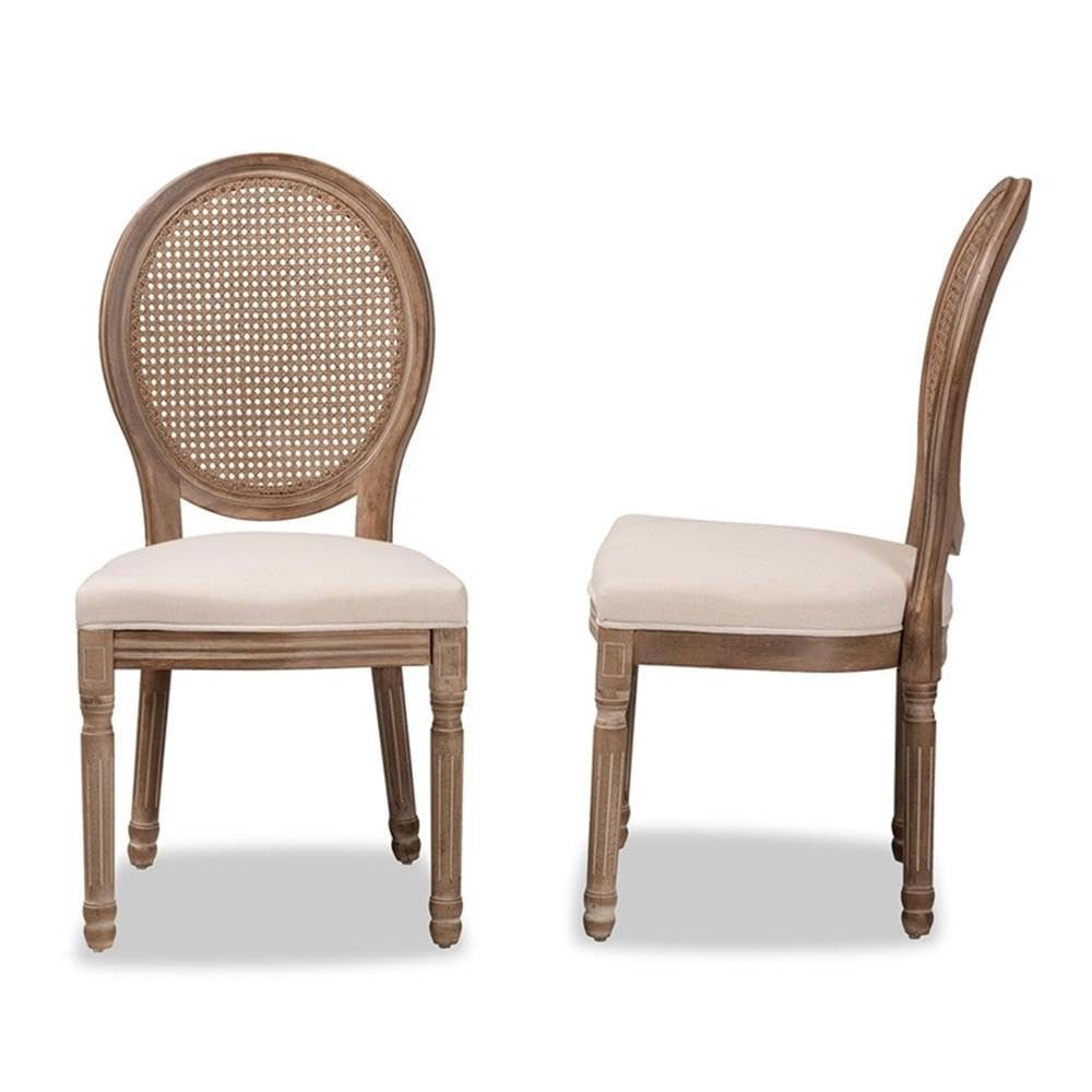 Baxton Studio Louis Traditional French Inspired Beige Fabric Upholstered and Antique Brown Finished Wood 2-Piece Dining Chair Set with Rattan