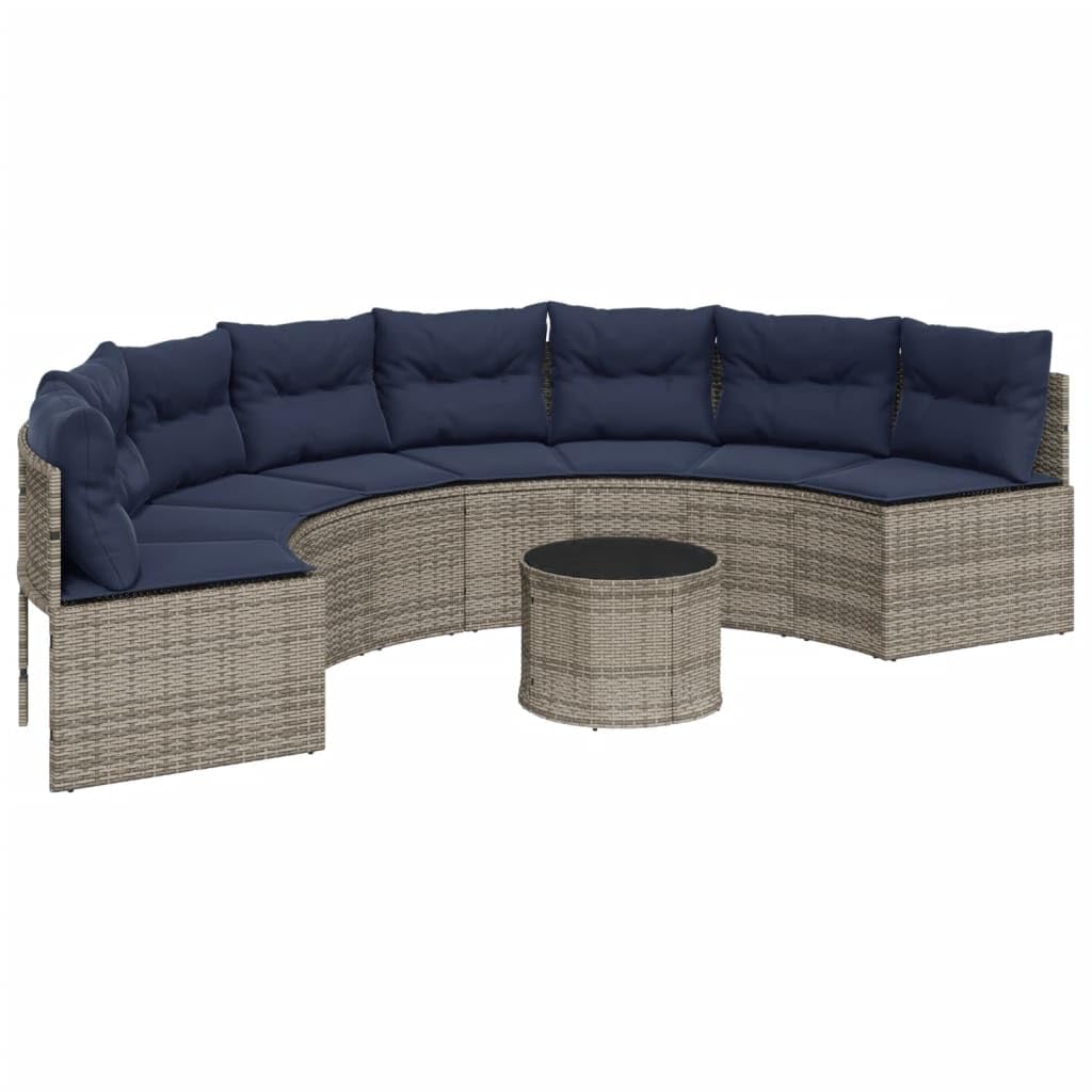 vidaXL Patio Sofa Set - Gray Poly Rattan Half-Round Garden Sofa with Navy Cushions and Tempered Glass Coffee Table for Outdoor Terrace, Patio