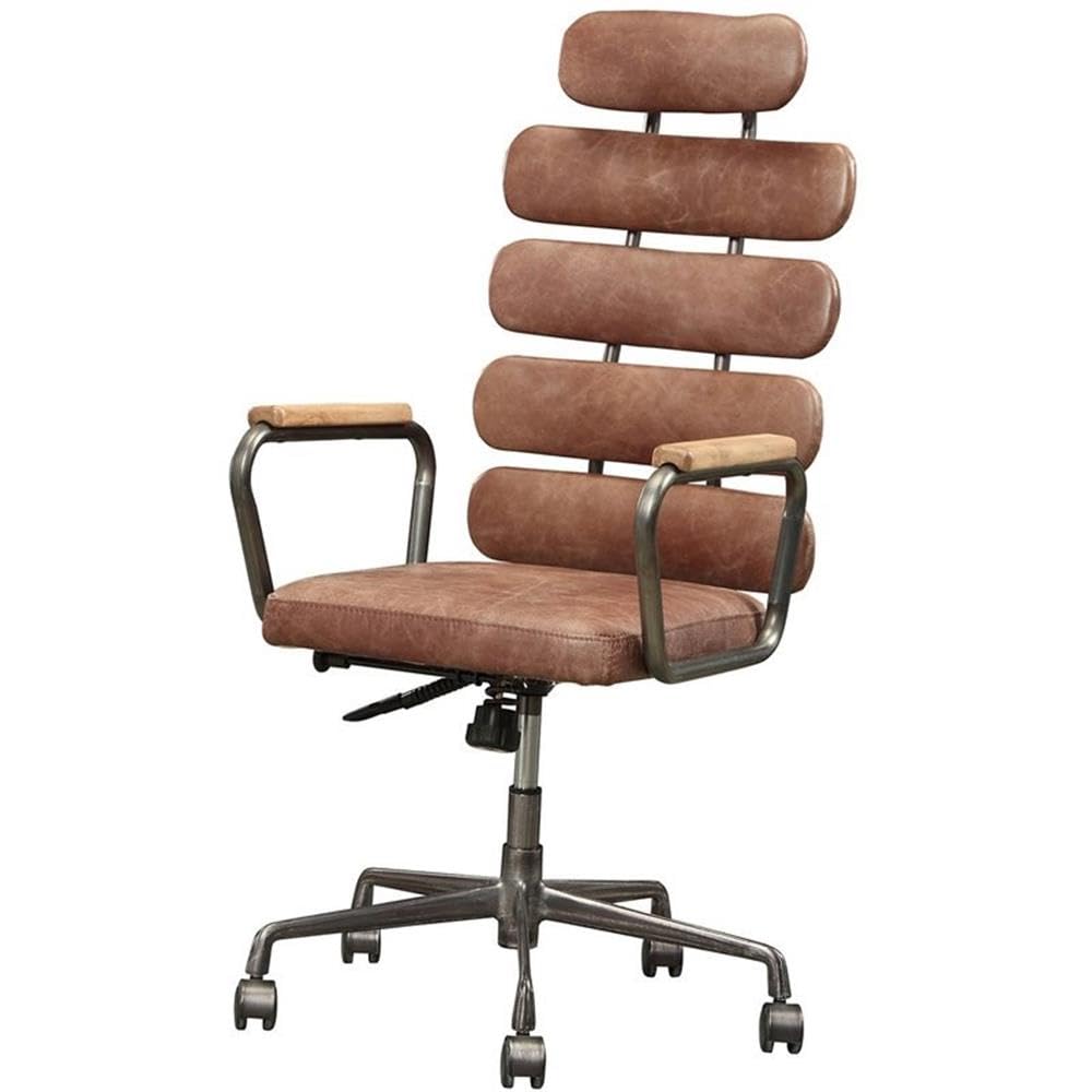 Acme Calan Leather High Back Adjustable Swivel Office Chair in Whiskey Brown