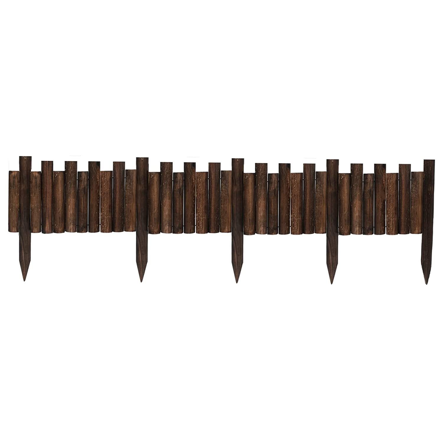 Worth Garden Wooden Staggered Short Fence - 8 In. H. X 3.7 Ft. L. Burnt Wood Finish Outdoor Landscape Edging Flexible Decorative