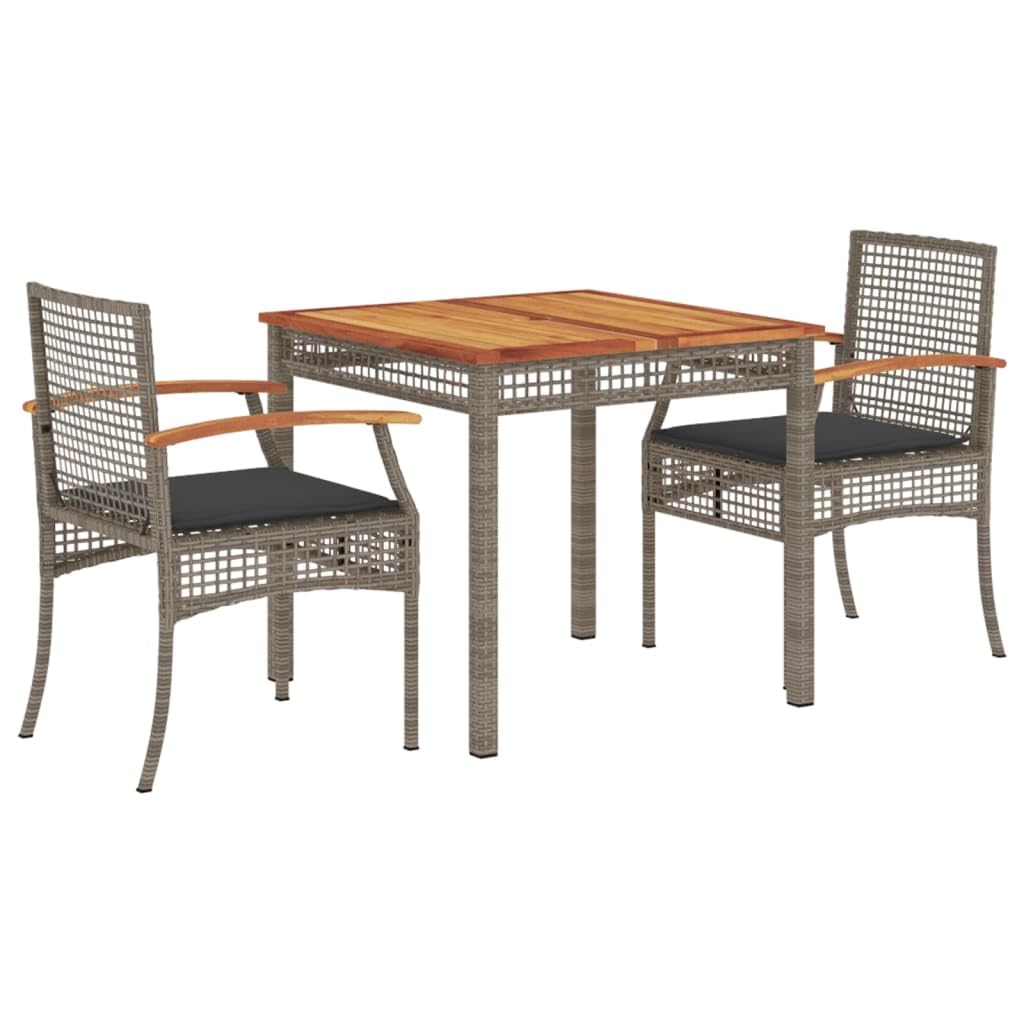 vidaXL Garden Dining Set with Cushions 3 Pieces, Table and Chairs, Relaxing Armchairs, Seats for Patio Terrace, Synthetic Rattan Grey