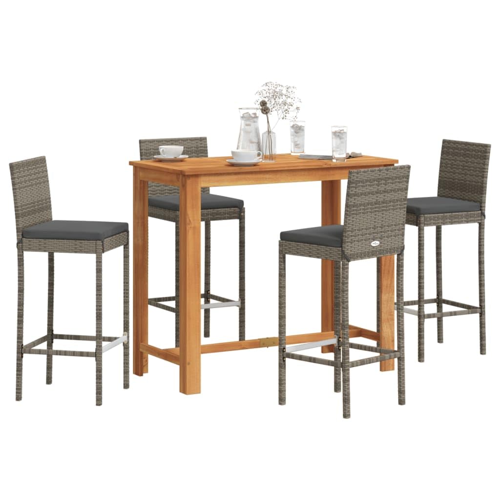 vidaXL Patio Bar Set - Acacia Wood & Poly Rattan Outdoor Furniture - 5-Piece Set with Gray Stools and Table for Garden Deck and Patio