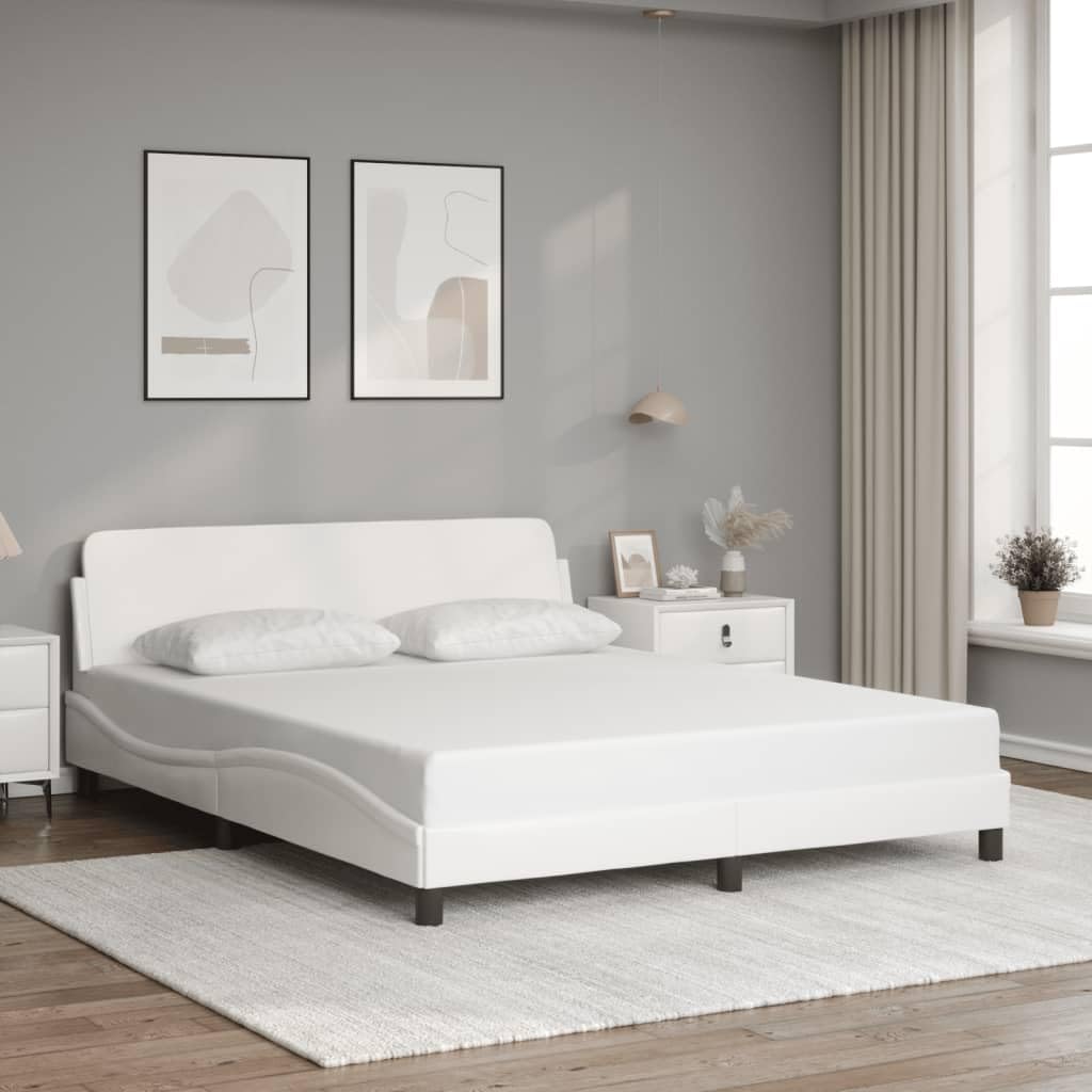 vidaXL White Faux Leather Double Bed Frame with Headboard - 59.8&quot;x79.9&quot; - Modern Waved Side Design, Sturdy Legs, Plywood Slats