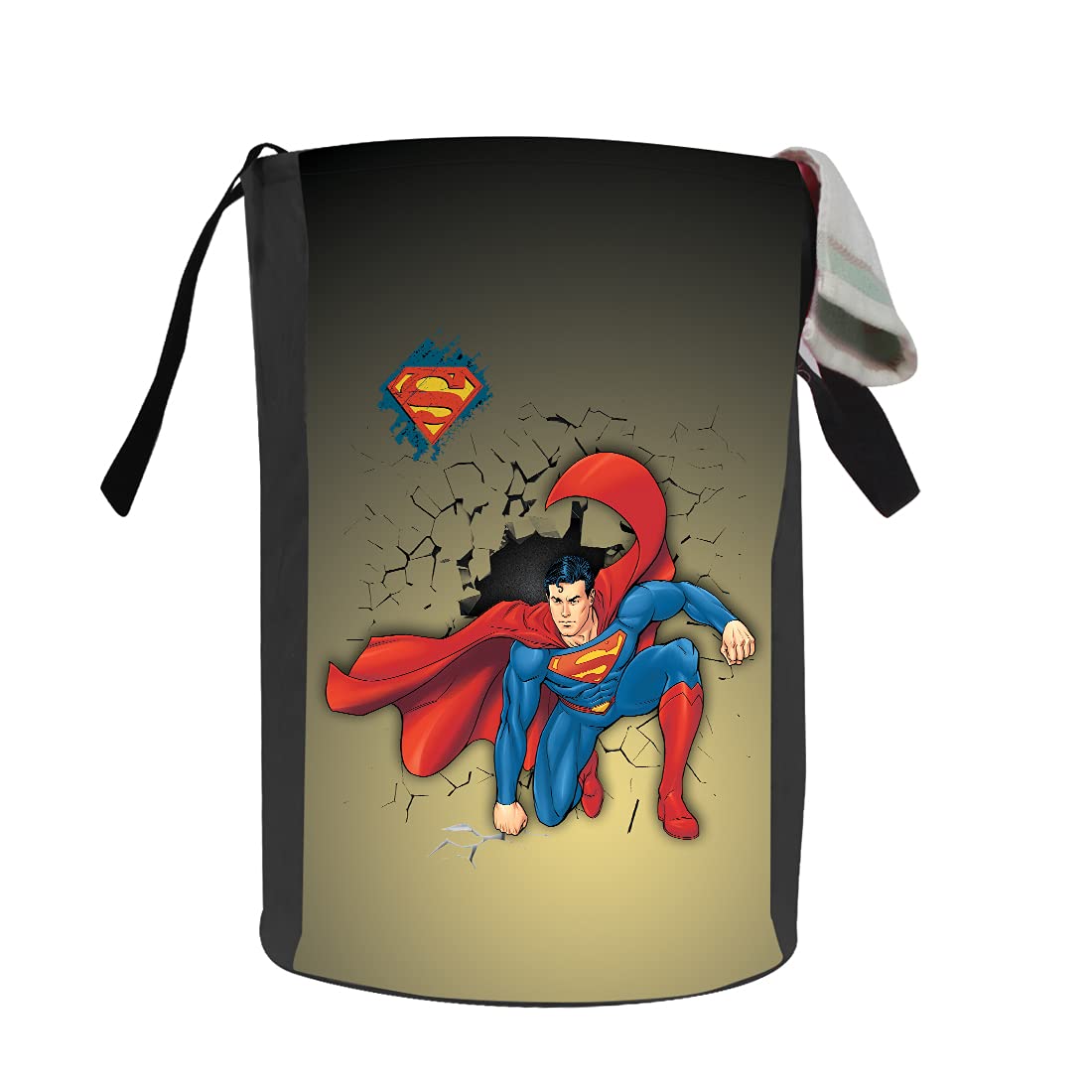 PrettyKrafts 45L Polycotton SuperMan Printed Round Foldable Large Laundry Bag/Basket With Handles, Freestanding Clothes Storage