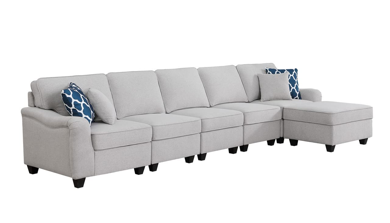 Lilola Home Leo Light Gray Linen 6 Seater Sofa and Ottoman