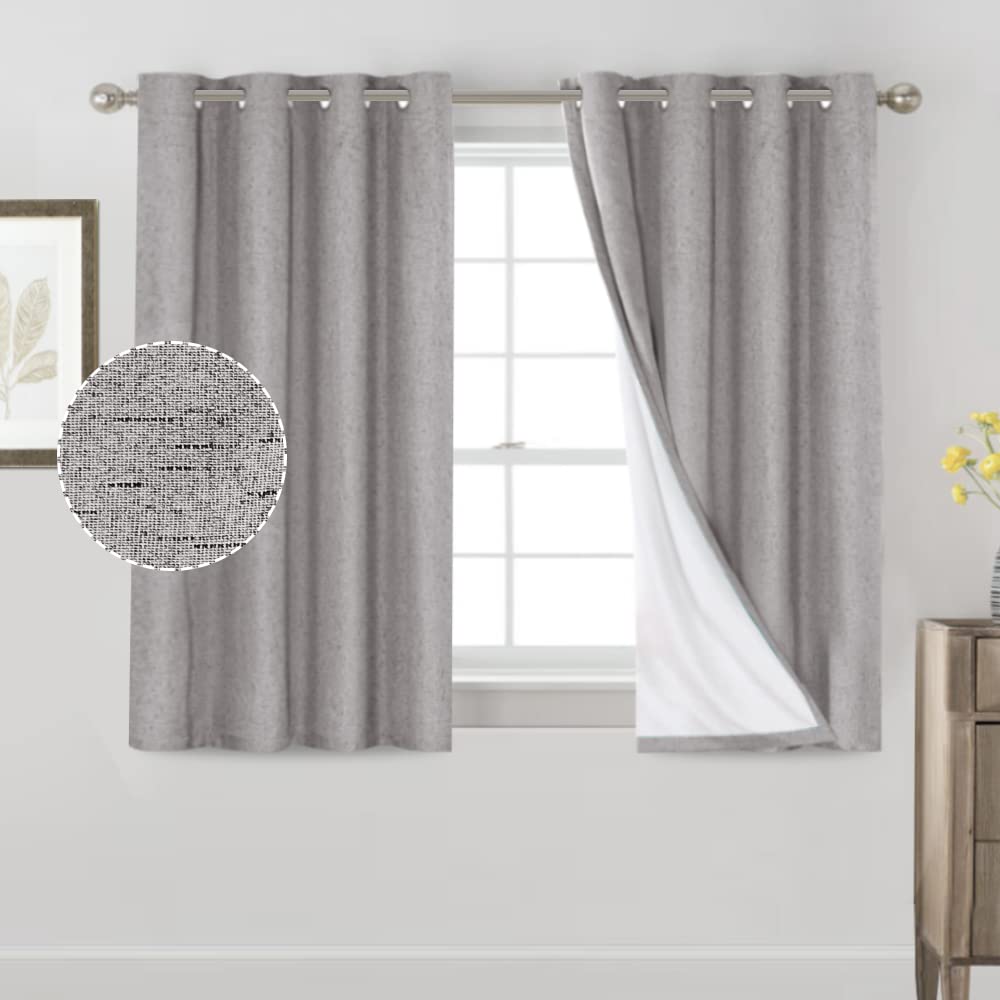 Linen Textured 100% Blackout Curtains For Bedroom/Living Room Energy Saving Window Treatment Curtain Drapes, Burlap Fabric With White Thermal Insulated Liner (2 Panels, 52 X 54 Inch, Light Grey)