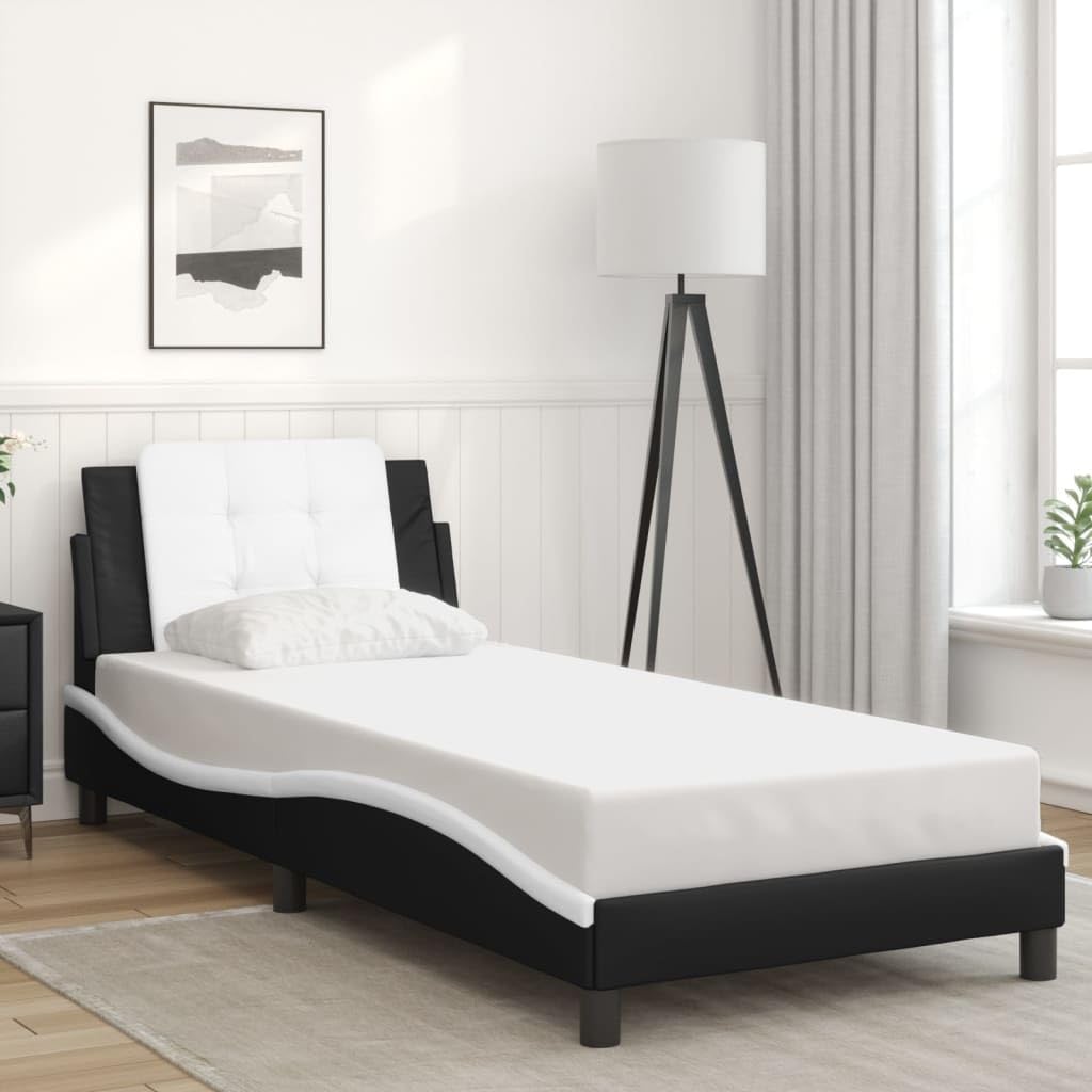 vidaXL Twin Bed Frame - Black and White - Modern Faux Leather with Headboard Cushion - 39.4&quot;x74.8&quot;