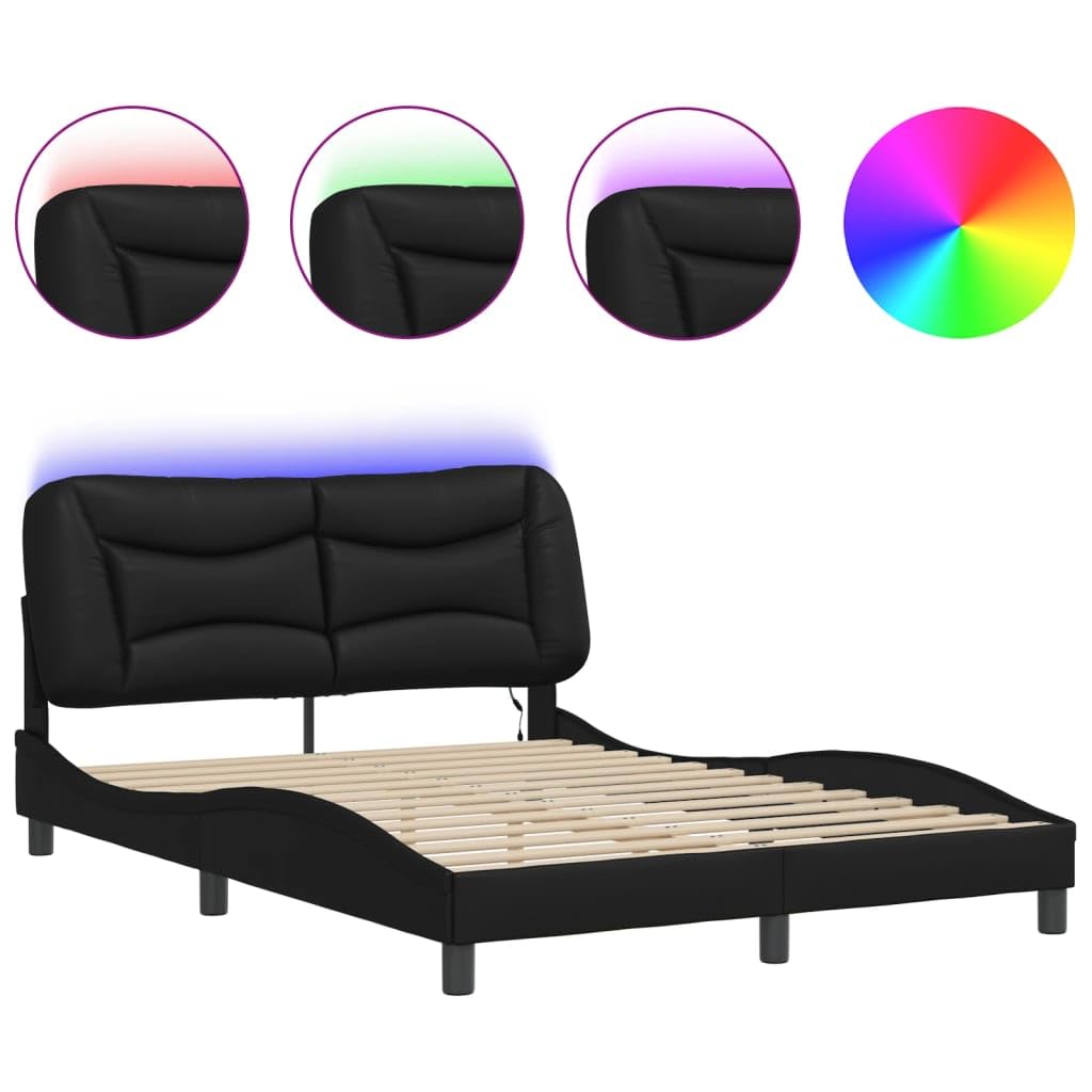 vidaXL Modern Full-Size Bed Frame - Black Faux Leather with LED Lights, Plywood Slats and Headboard, 53.9"x74.8"