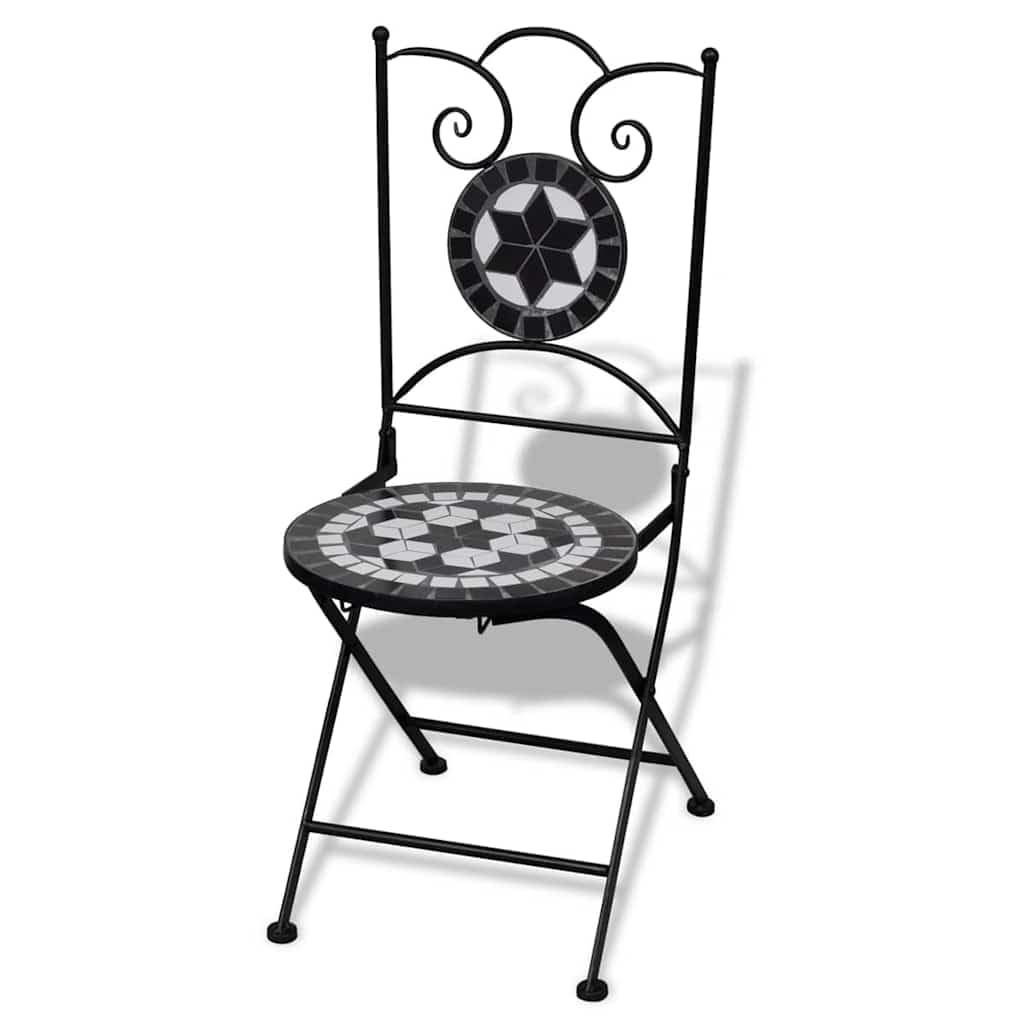 vidaXL Set of 2 Mosaic Bistro Chairs - Ceramic Black and White Design - Powder Coated Iron Frame - Waterproof - Garden/Patio/Balcony Furniture.