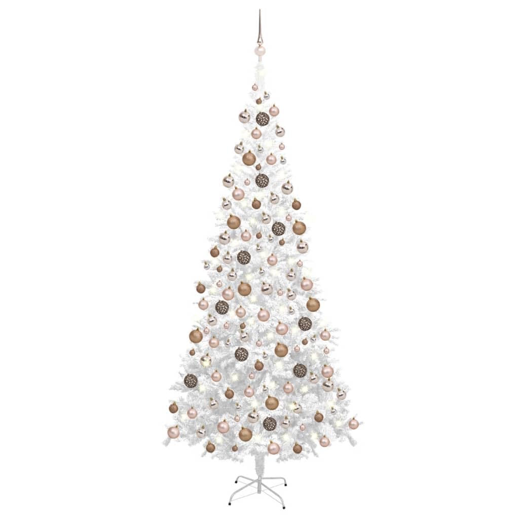 vidaXL Artificial Pre-lit Christmas Tree with Ball Set Decoration L White - 94.5&quot; Height, 1300 Branch Tips, 300 LED Lights, PVC, Rose Gold Balls