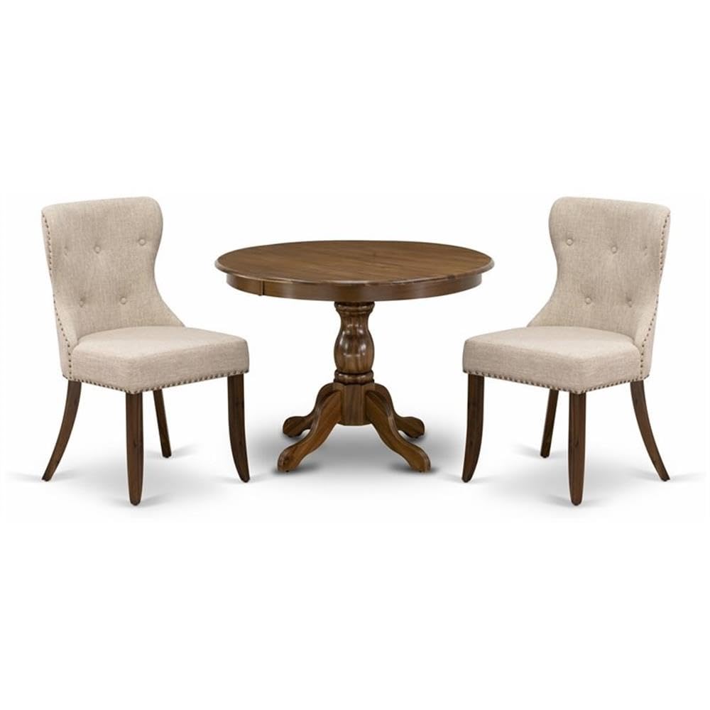 East West Furniture HBSI3-AWA-04 3 Piece Dining Set Contains a Round Dining Room Table with Pedestal and 2 Light Tan Linen Fabri