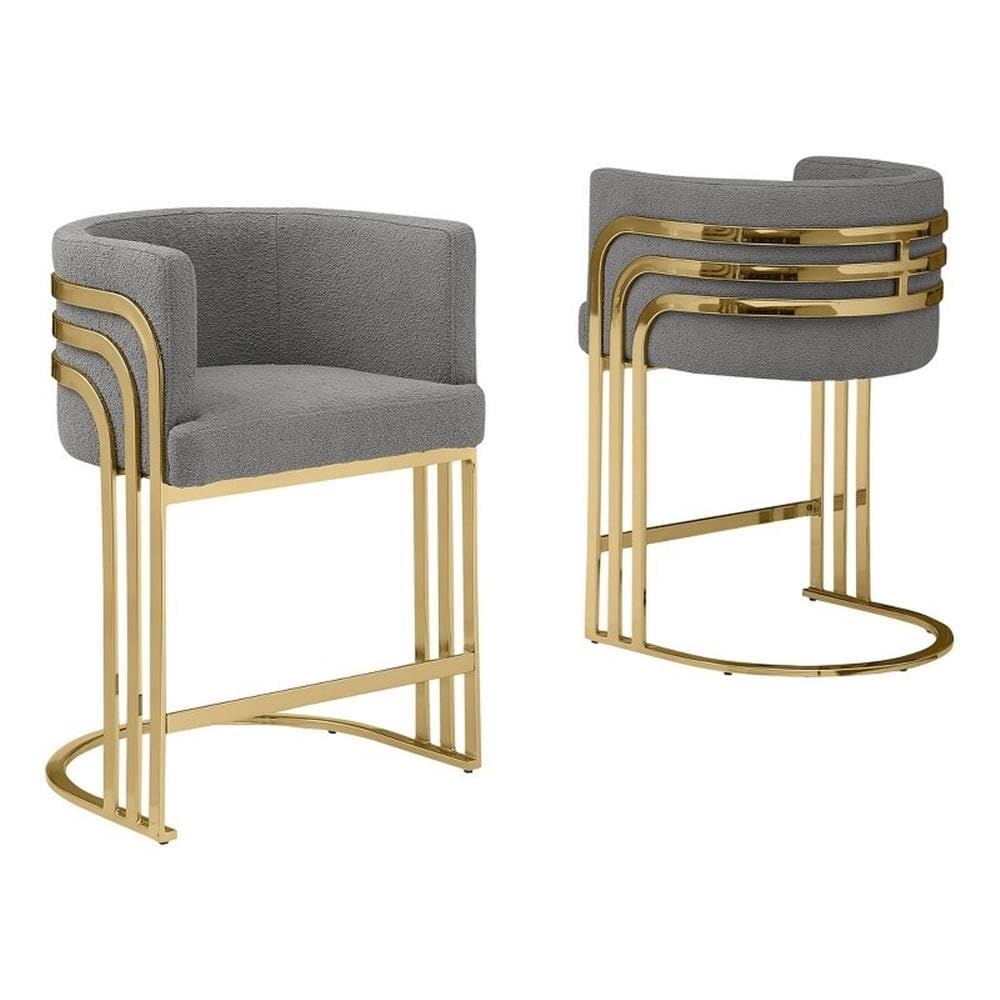 Best Quality Furniture Modern Teddy Fabric Counter Height Stools with Chrome Legs - Dark Gray - Elegant Barrel Design with Gold Frame - Set of 2 - Perfect for Dining Room, Bar, Office, or Living Room