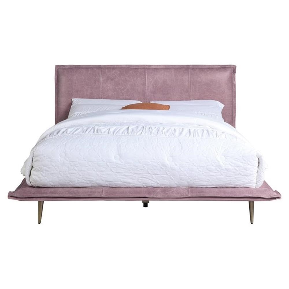 Acme Metis Top Grain Leather Upholstered Queen Bed with Metal Legs in Pink