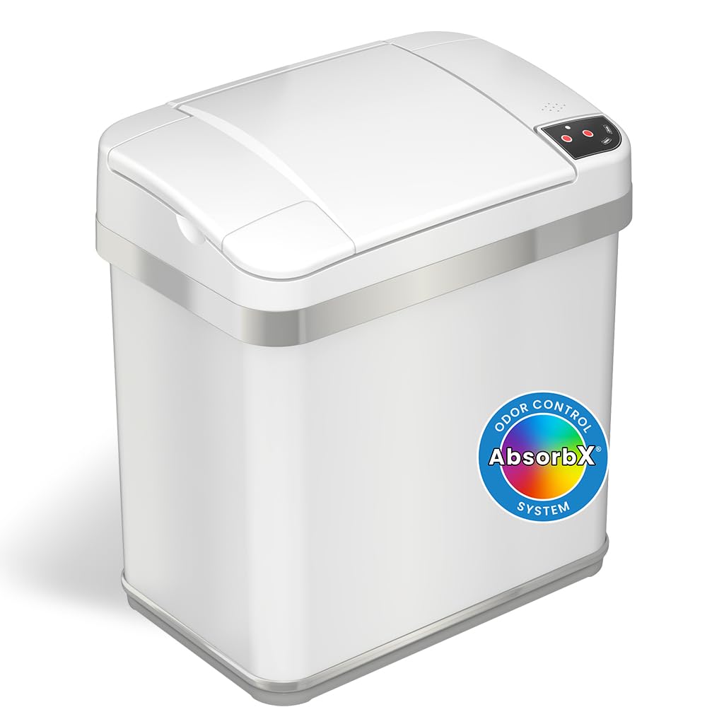 iTouchless 2.5 Gallon Trash Cans with AbsorbX Odor Filter, 2 Gal Sensor Pearl White