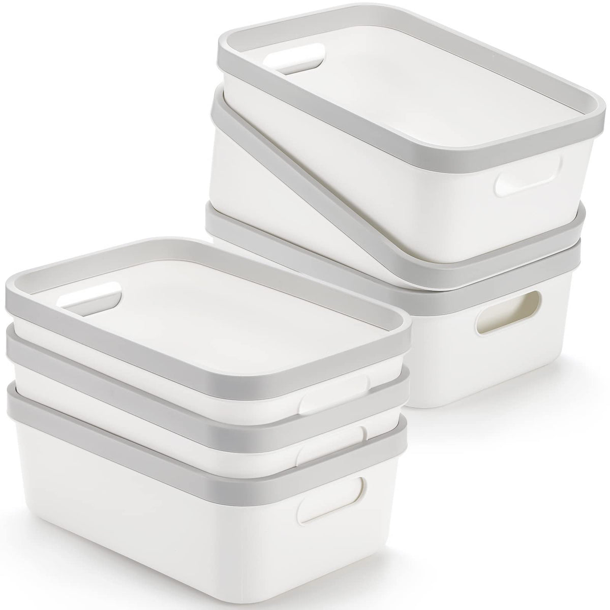 Elsjoy Set of 6 Plastic White Storage Bins with Handle, 10x 7x 4 Office Shelf Open Storage Containers, Bathroom Organizer Bin