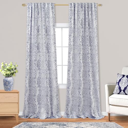 102 Inch Long 2 Panels Curtain Sets For Living Room,Boho Pattern 50% Blackout Black Out Darkening Light Filtering Back Tab Patterned Print Bedroom Curtains With Desigh,102 In Length,Navy Blue