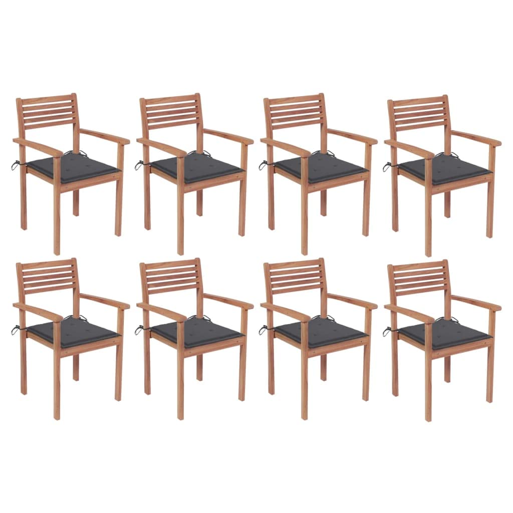 vidaXL Stackable Patio Chairs with Cushions- 8 Pieces, Solid Teak Wood, Suitable for Home, Office, Bar, Café, Outdoors, Easy Storage, Anthracite