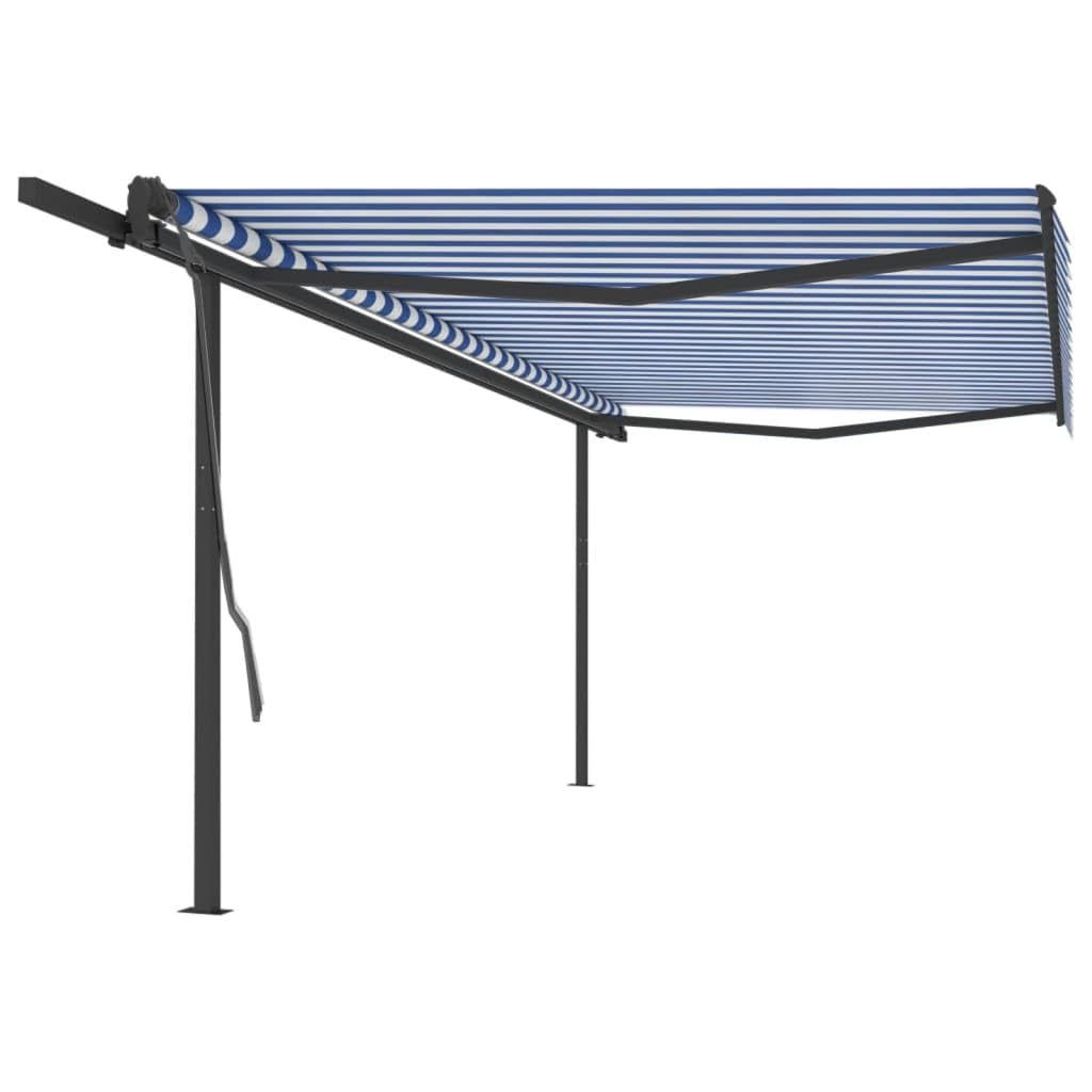 vidaXL Manual Retractable Awning with Posts Indoor Home Outdoor Garden Patio Terrace Backyard Lawn Door Folding Manual Arm Awning Blue and White