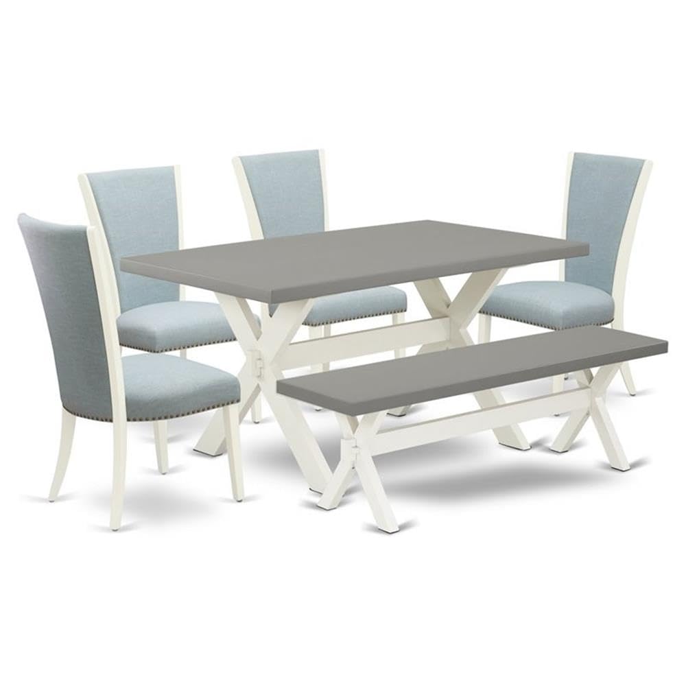 East West Furniture X096VE215-6 6 Piece Dinette Set Contains a Rectangle Dining Table with X-Legs and 4 Baby Blue Linen Fabric Parson Chairs with a Bench, 36x60 Inch, Multi-Color