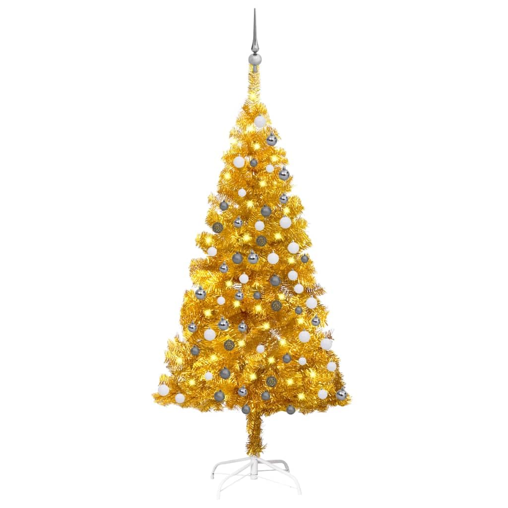 Vidaxl Gold Artificial Christmas Tree With Shiny And Glittery Ball Set, Built-In Led Lighting, Stable Steel Feet, Pet Material, Usb Powered - Height 59.1&quot;, Diameter 29.5&quot;