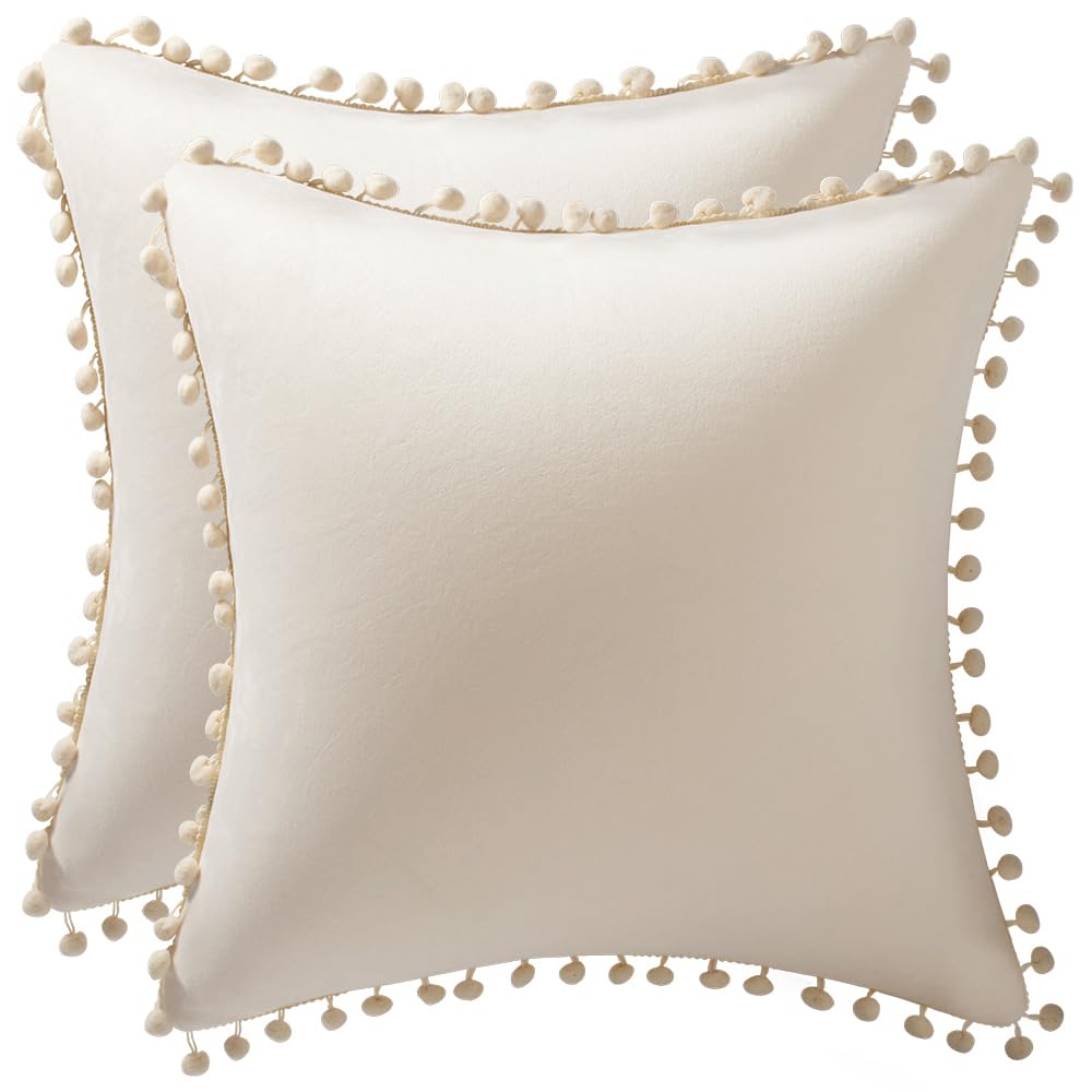 Dezene Couch Pillow Covers 22X22 Beige: 2 Pack Cozy Soft Pom-Poms Velvet Square Throw Pillow Cases For Farmhouse Home Decor